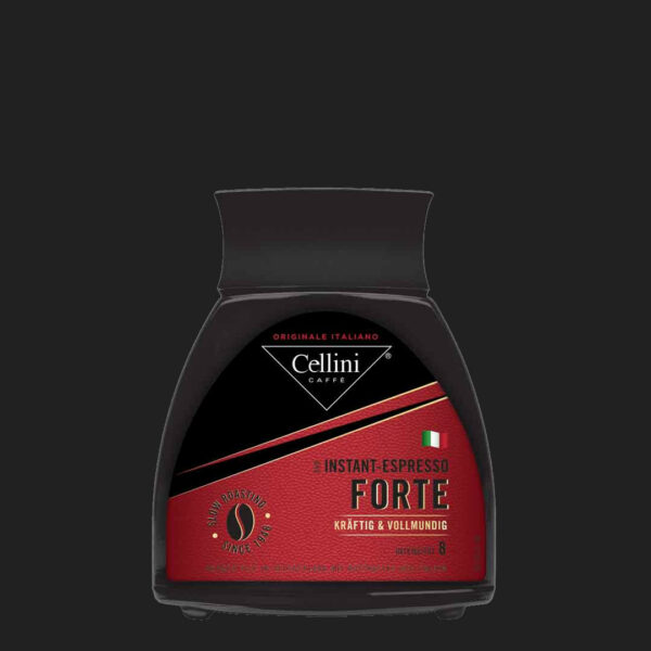 Instant Kaffee Espresso Forte 100 g Glas freigestellt auf dunklem Grund